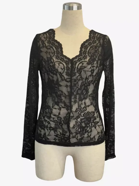 V Neck Scalloped Trim Floral Lace Long Sleeve Slim Fit Top For Women 2026