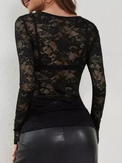 V Neck Scalloped Trim Floral Lace Long Sleeve Slim Fit Top For Women 2026