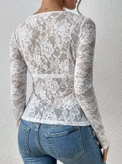 V Neck Scalloped Trim Floral Lace Long Sleeve Slim Fit Top For Women 2026