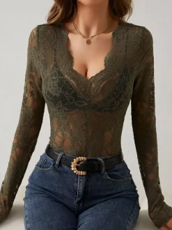 V Neck Scalloped Trim Floral Lace Long Sleeve Slim Fit Top For Women 2026