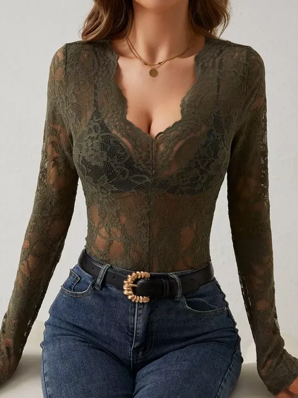 V Neck Scalloped Trim Floral Lace Long Sleeve Slim Fit Top For Women 2026