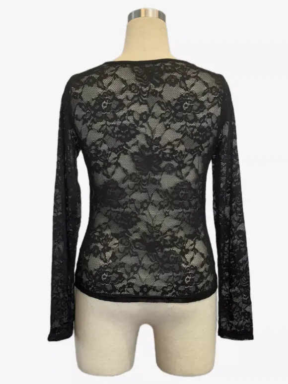 V Neck Scalloped Trim Floral Lace Long Sleeve Slim Fit Top For Women 2026