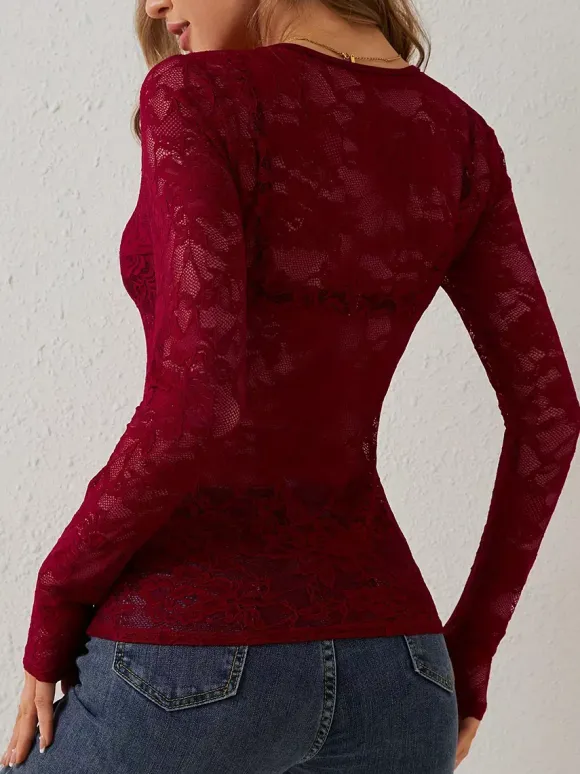 V Neck Scalloped Trim Floral Lace Long Sleeve Slim Fit Top For Women 2026