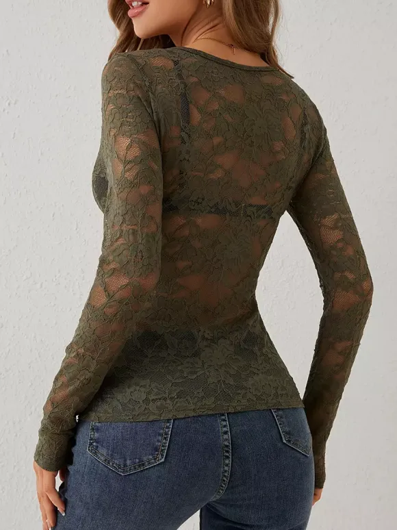 V Neck Scalloped Trim Floral Lace Long Sleeve Slim Fit Top For Women 2026