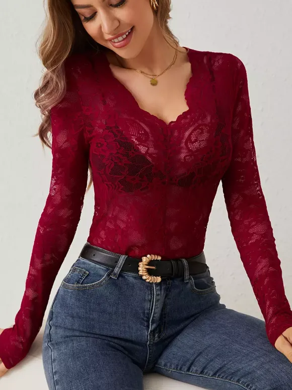 V Neck Scalloped Trim Floral Lace Long Sleeve Slim Fit Top For Women 2026