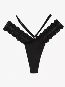 V Neck Thin Strap Lace Trim Thong Panty
