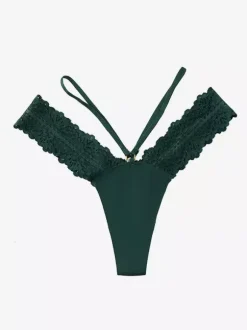 V Neck Thin Strap Lace Trim Thong Panty