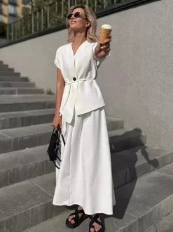 V Neck Wrap Top And High Waist Long Skirt Two Piece Set For Women 2026