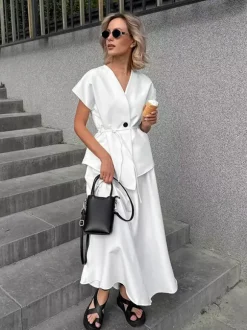 V Neck Wrap Top And High Waist Long Skirt Two Piece Set For Women 2026