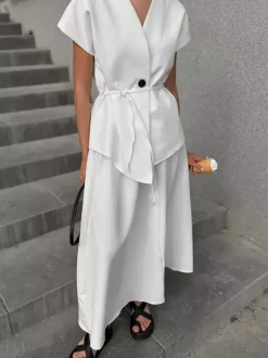 V Neck Wrap Top And High Waist Long Skirt Two Piece Set For Women 2026