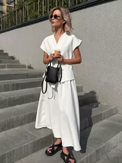 V Neck Wrap Top And High Waist Long Skirt Two Piece Set For Women 2026