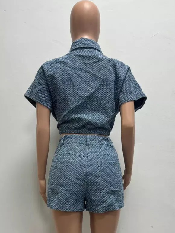 Waffle Denim 2 Piece Set For Women - Blue Short Sleeve Tie Front Crop Top And Shorts Co-ord - Summer Casual Outfits 2026