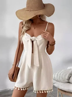 Waffle Texture Sleeveless Romper With Tie Front And Tassels 2026