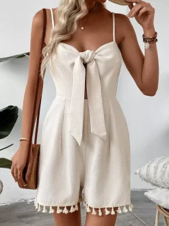 Waffle Texture Sleeveless Romper With Tie Front And Tassels 2026