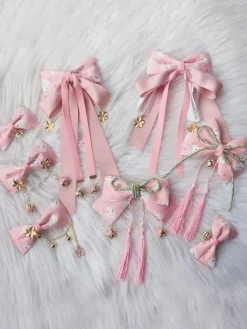 Wa Lolita Headdress Pink Sakura Pattern Bow Linen Cotton Blend Headwear Bows Flowers Lolita Hair Accessories