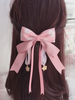 Wa Lolita Headdress Pink Sakura Pattern Bow Linen Cotton Blend Headwear Bows Flowers Lolita Hair Accessories