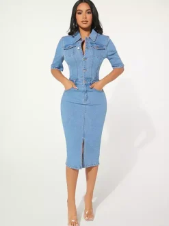 Washed Bodycon Denim Midi Dress For Women - Blue Fitted Button Front Pencil Dress - Spring Casual Streetwear 2026