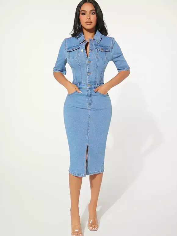 Washed Bodycon Denim Midi Dress For Women - Blue Fitted Button Front Pencil Dress - Spring Casual Streetwear 2026
