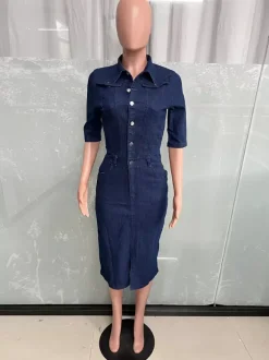 Washed Bodycon Denim Midi Dress For Women - Blue Fitted Button Front Pencil Dress - Spring Casual Streetwear 2026