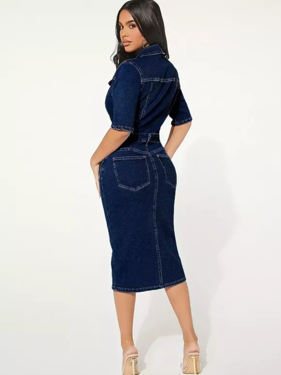 Washed Bodycon Denim Midi Dress For Women - Blue Fitted Button Front Pencil Dress - Spring Casual Streetwear 2026