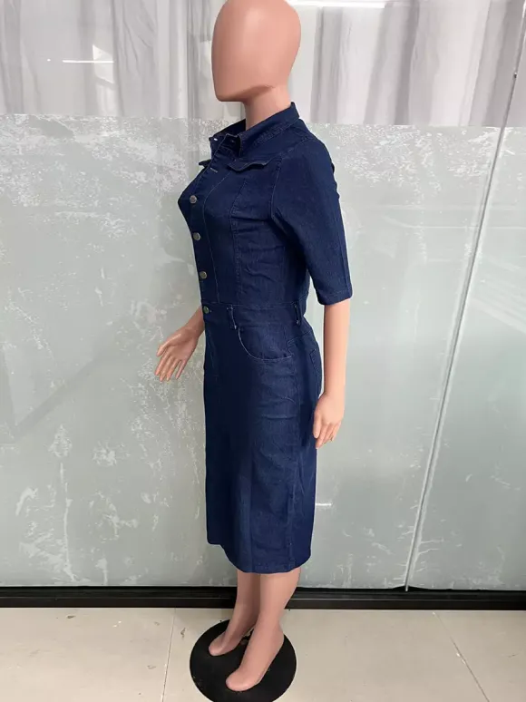 Washed Bodycon Denim Midi Dress For Women - Blue Fitted Button Front Pencil Dress - Spring Casual Streetwear 2026