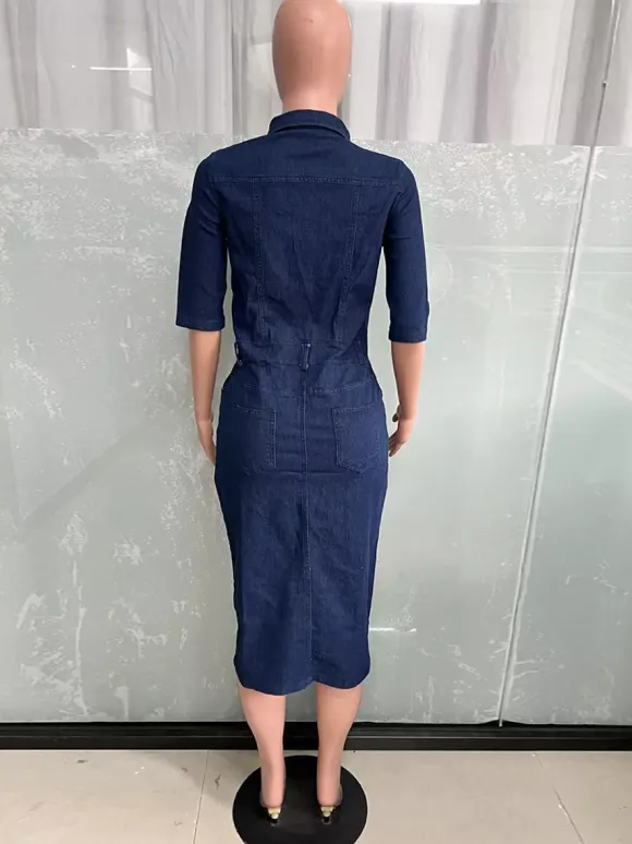 Washed Bodycon Denim Midi Dress For Women - Blue Fitted Button Front Pencil Dress - Spring Casual Streetwear 2026