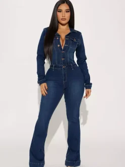 Washed Denim Flare Jumpsuit For Women - Dark Blue Long Sleeve Cotton Bootcut Romper - Spring Streetwear 2026