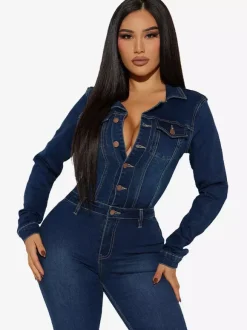Washed Denim Flare Jumpsuit For Women - Dark Blue Long Sleeve Cotton Bootcut Romper - Spring Streetwear 2026