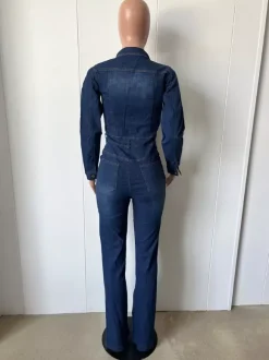 Washed Denim Flare Jumpsuit For Women - Dark Blue Long Sleeve Cotton Bootcut Romper - Spring Streetwear 2026