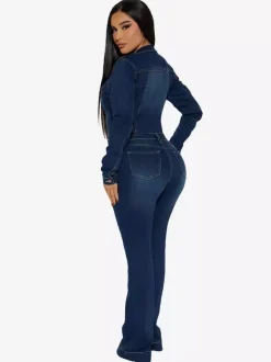 Washed Denim Flare Jumpsuit For Women - Dark Blue Long Sleeve Cotton Bootcut Romper - Spring Streetwear 2026