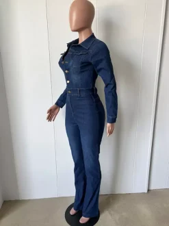 Washed Denim Flare Jumpsuit For Women - Dark Blue Long Sleeve Cotton Bootcut Romper - Spring Streetwear 2026