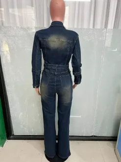 Washed Denim Jumpsuit For Women - Dark Blue Vintage Belted Long Sleeve Cargo Romper - Spring Street Fashion 2026