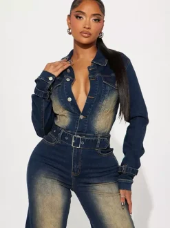 Washed Denim Jumpsuit For Women - Dark Blue Vintage Belted Long Sleeve Cargo Romper - Spring Street Fashion 2026