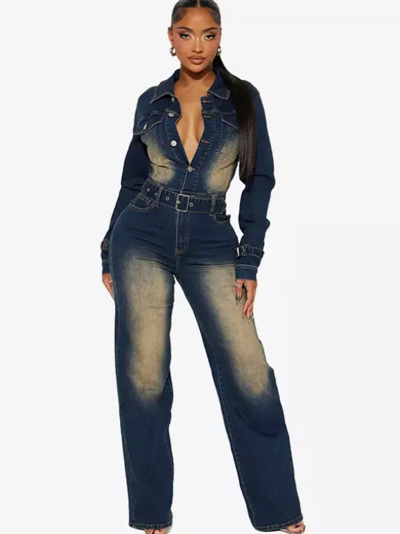 Washed Denim Jumpsuit For Women - Dark Blue Vintage Belted Long Sleeve Cargo Romper - Spring Street Fashion 2026
