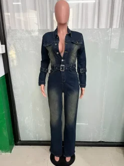 Washed Denim Jumpsuit For Women - Dark Blue Vintage Belted Long Sleeve Cargo Romper - Spring Street Fashion 2026
