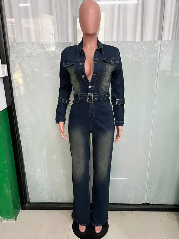 Washed Denim Jumpsuit For Women - Dark Blue Vintage Belted Long Sleeve Cargo Romper - Spring Street Fashion 2026