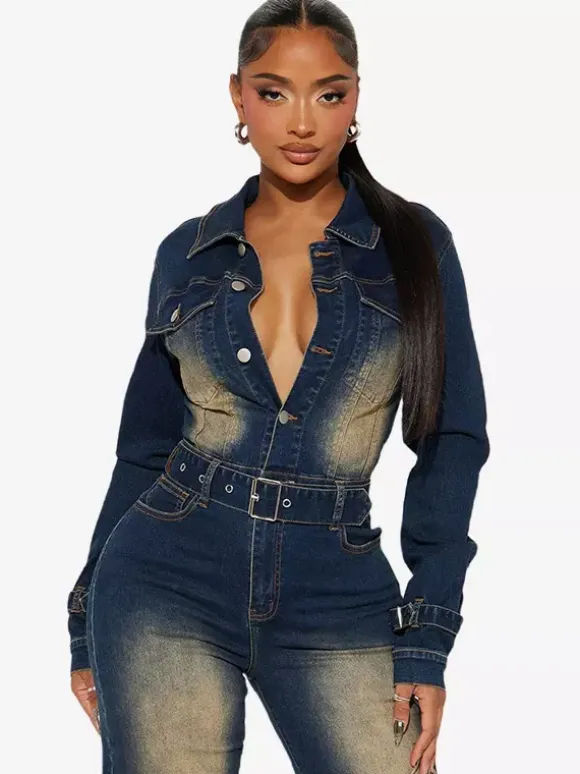 Washed Denim Jumpsuit For Women - Dark Blue Vintage Belted Long Sleeve Cargo Romper - Spring Street Fashion 2026