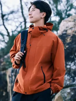 Waterproof Hiking Jacket Hooded Unisex Color Block Zip Coat