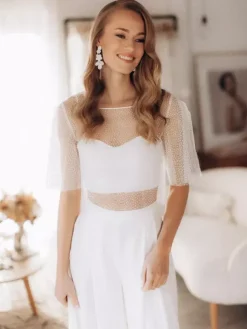 Wedding 3 Piece Pant Suits for Bride Lace Chiffon Illusion Neckline Floor-Length Lace-up Half Sleeves