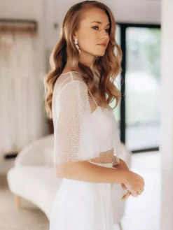 Wedding 3 Piece Pant Suits for Bride Lace Chiffon Illusion Neckline Floor-Length Lace-up Half Sleeves
