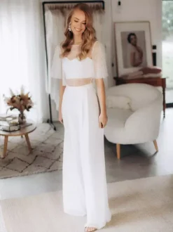 Wedding 3 Piece Pant Suits for Bride Lace Chiffon Illusion Neckline Floor-Length Lace-up Half Sleeves