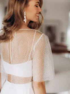 Wedding 3 Piece Pant Suits for Bride Lace Chiffon Illusion Neckline Floor-Length Lace-up Half Sleeves