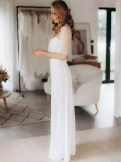 Wedding 3 Piece Pant Suits for Bride Lace Chiffon Illusion Neckline Floor-Length Lace-up Half Sleeves