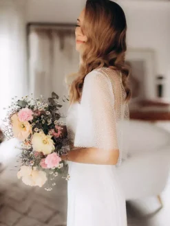 Wedding 3 Piece Pant Suits for Bride Lace Chiffon Illusion Neckline Floor-Length Lace-up Half Sleeves