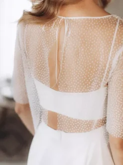 Wedding 3 Piece Pant Suits for Bride Lace Chiffon Illusion Neckline Floor-Length Lace-up Half Sleeves