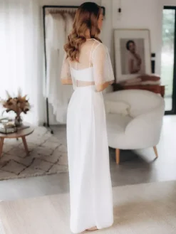 Wedding 3 Piece Pant Suits for Bride Lace Chiffon Illusion Neckline Floor-Length Lace-up Half Sleeves