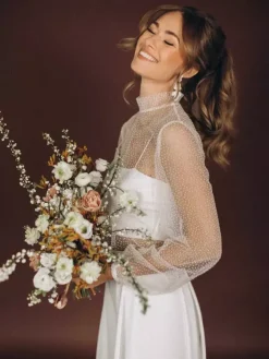 Wedding 3 Piece Pant Suits for Bride Lace Chiffon Illusion Neckline Zipper Long Sleeves Floor Length