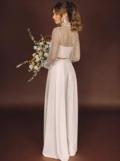 Wedding 3 Piece Pant Suits for Bride Lace Chiffon Illusion Neckline Zipper Long Sleeves Floor Length