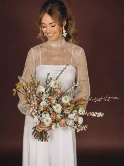 Wedding 3 Piece Pant Suits for Bride Lace Chiffon Illusion Neckline Zipper Long Sleeves Floor Length