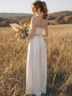 Wedding 3 Piece Pant Suits for Bride Lace Chiffon Illusion Neckline Zipper Long Sleeves Floor Length